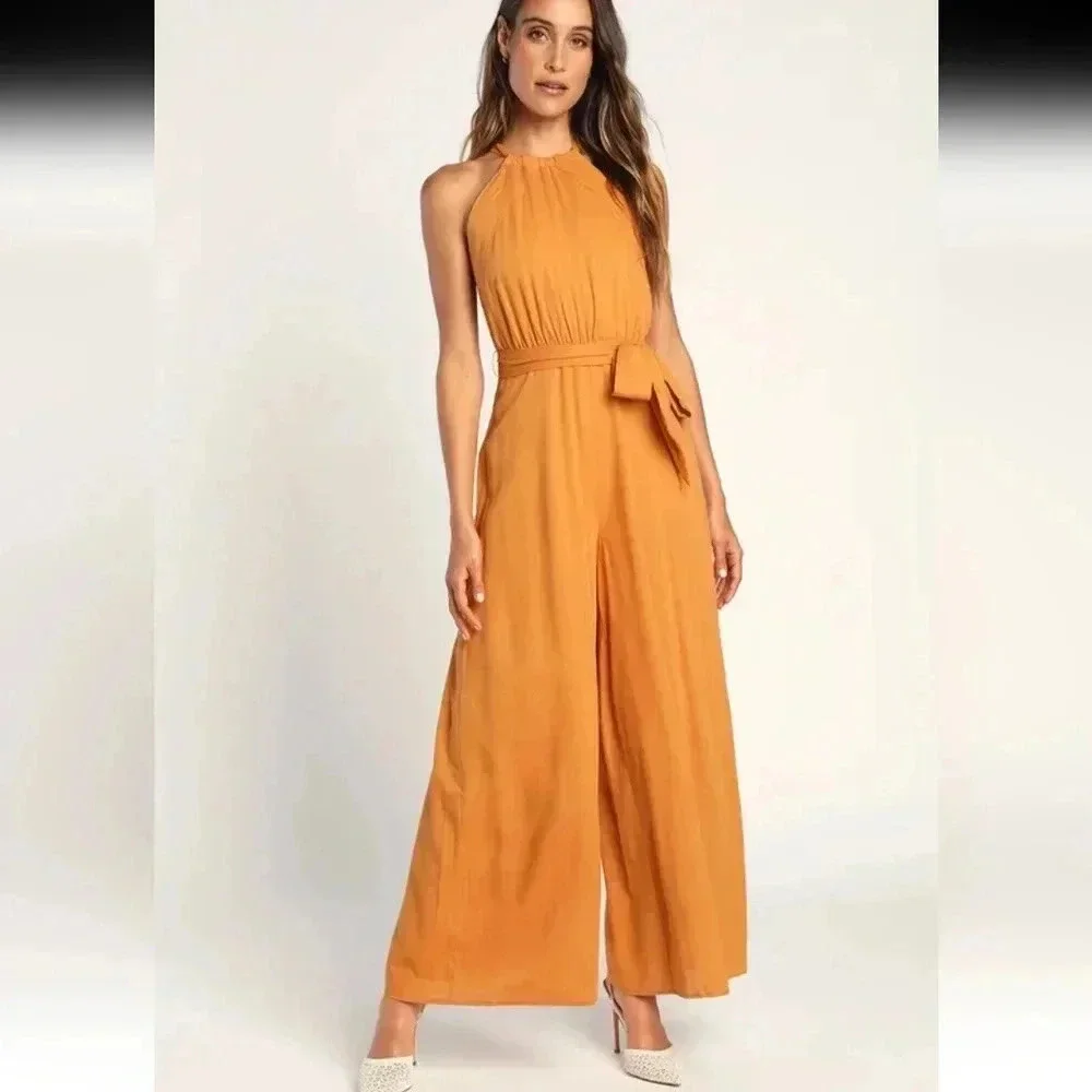 Lulus Reach for Radiance Marigold Halter Wide-Leg Jumpsuit Size M NWT - Picture 2 of 14